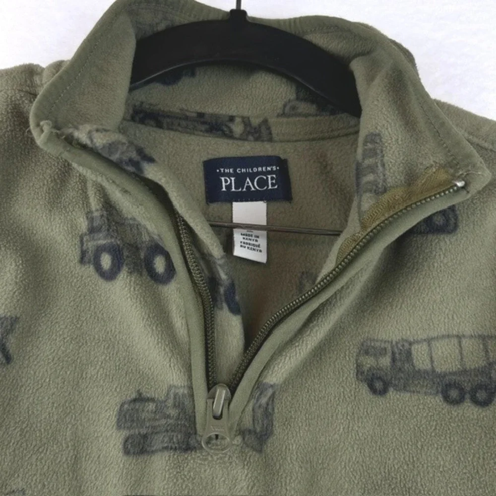 The Childrens Place Boys Olive Green Construction Vehicle Fleece Quarter Zip 5T
